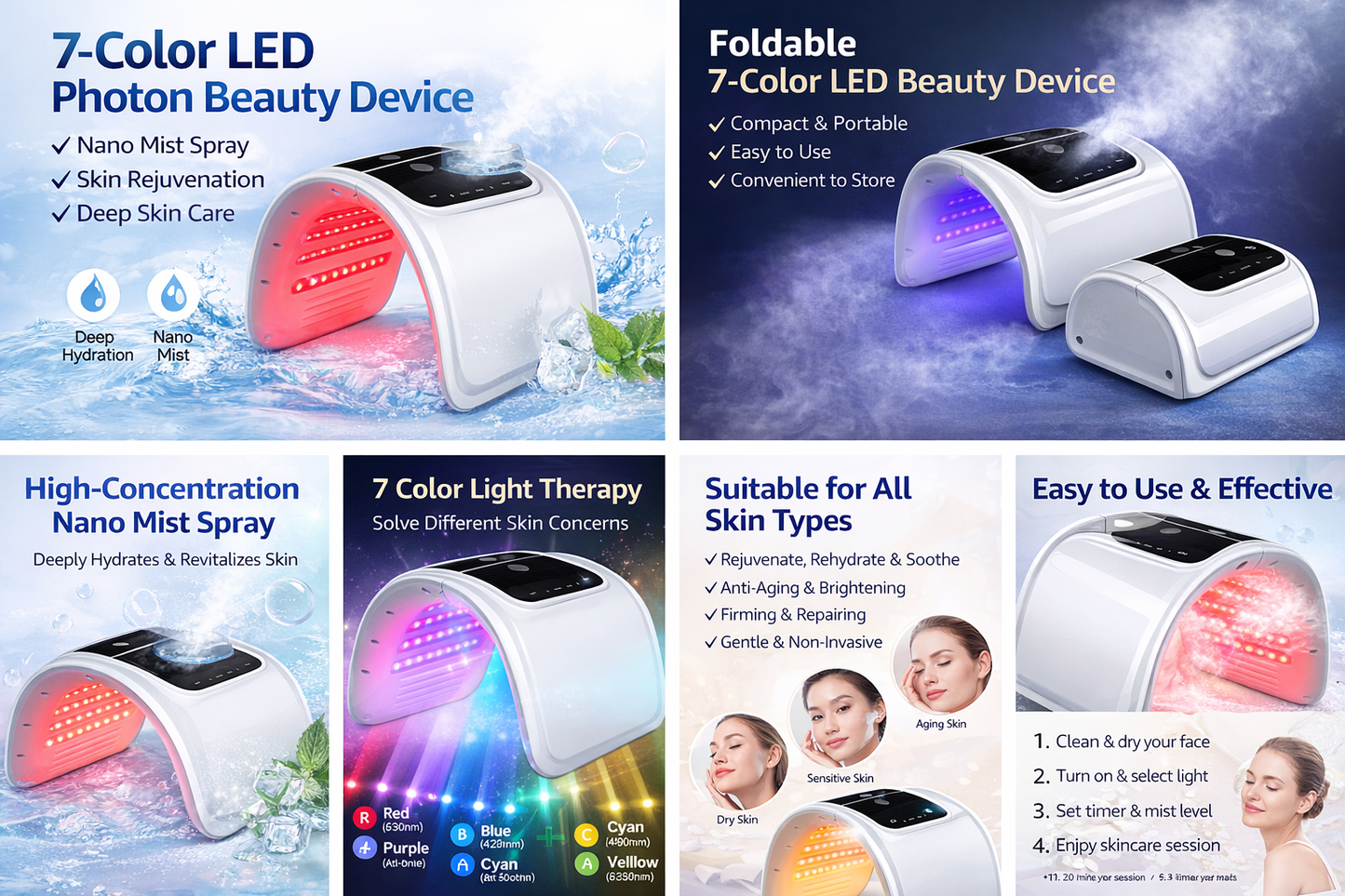 7-Color LED Photon Beauty Device with Nano Mist Spray – Foldable Infrared Light Therapy Skin Rejuvenation Machine for Home Use