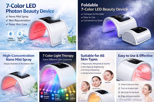 7-Color LED Photon Beauty Device with Nano Mist Spray – Foldable Infrared Light Therapy Skin Rejuvenation Machine for Home Use
